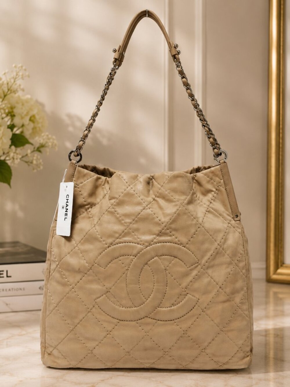CHANEL Sea Hit Iridescent Calfskin Quilted CC Tote Beige Silver Chain 2011